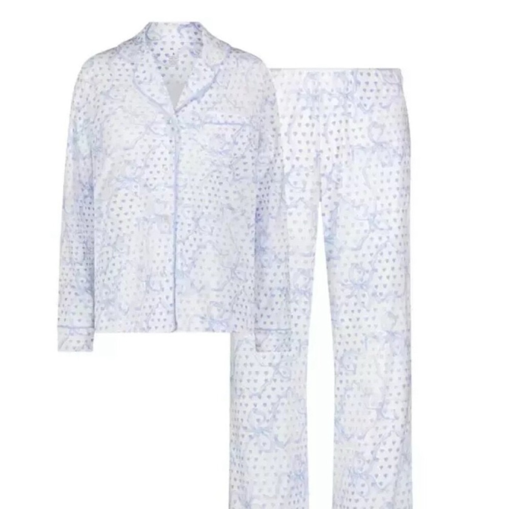 LoveShackFancy x Roller Rabbit Blue Luna Bow Hearts Polo Long Sleeve Pajamas - Picture 3 of 11
